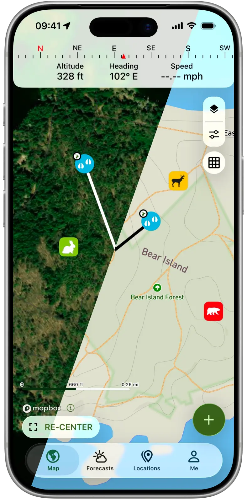 Jagd-GPS in Hunting Points mit gespeicherten Plätzen, einer Route und der Kompassanzeige