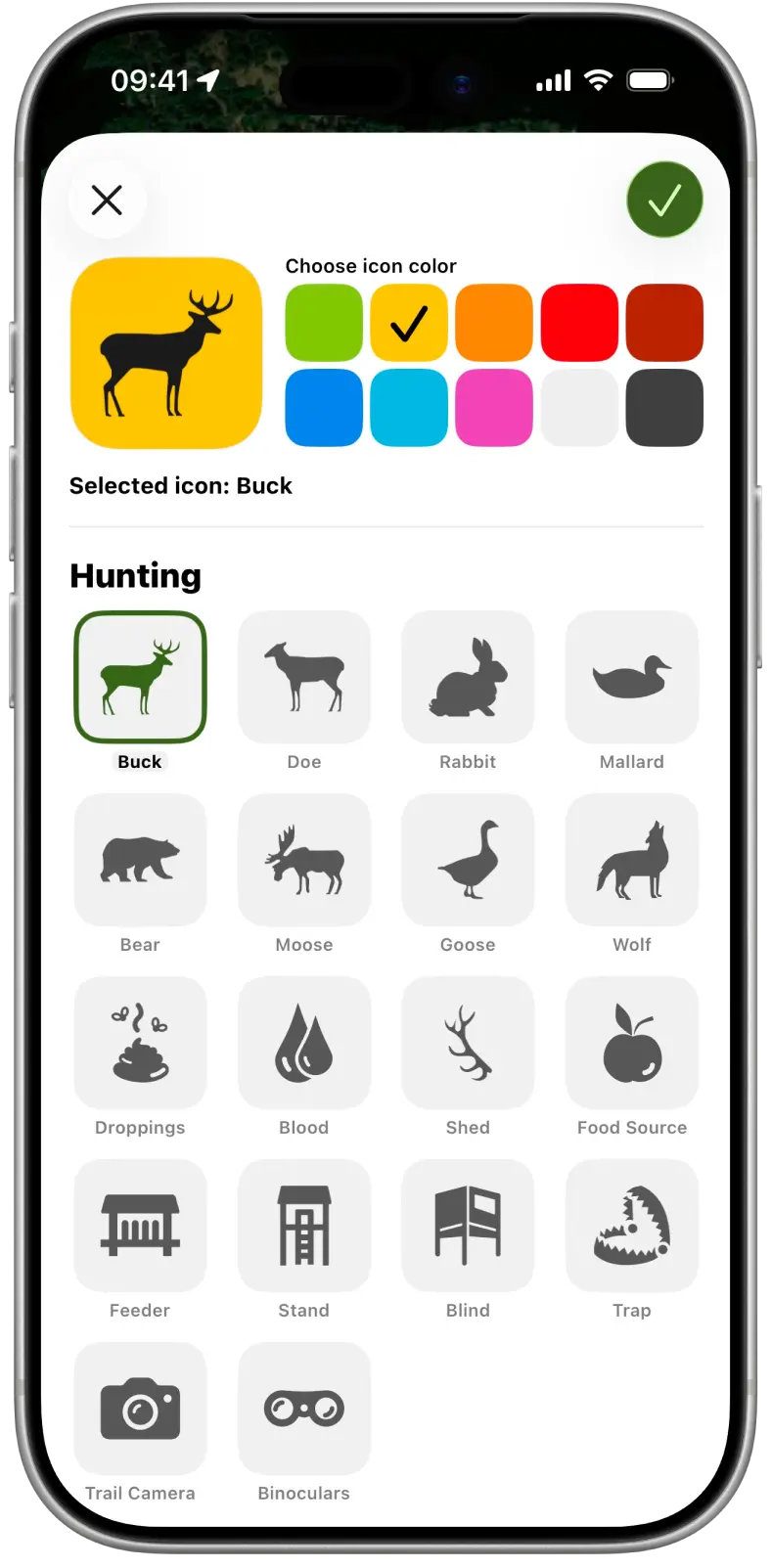 Symbolauswahl mit Jagdsymbolen wie Hochsitz, Tarnzelt und Wildkamera, in verschiedenen Farben