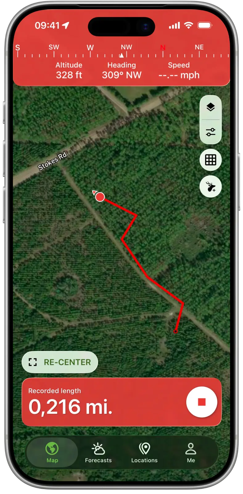 Aufzeichnung einer Route auf der Satellitenkarte mit der bisher zurückgelegten Strecke