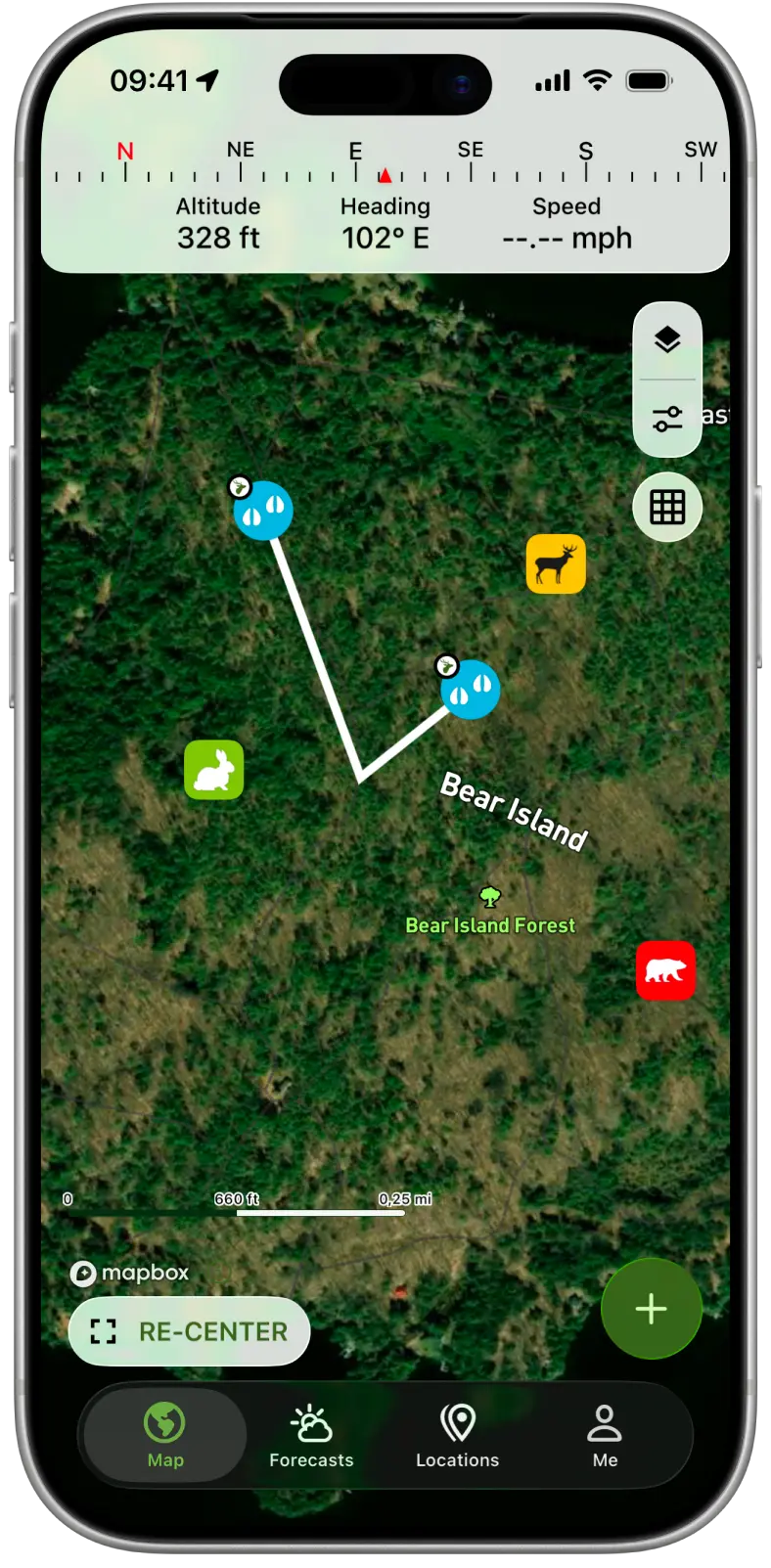 Satellitenkarte in Hunting Points mit gespeicherten Jagdplätzen, einer aufgezeichneten Route und dem Kompass