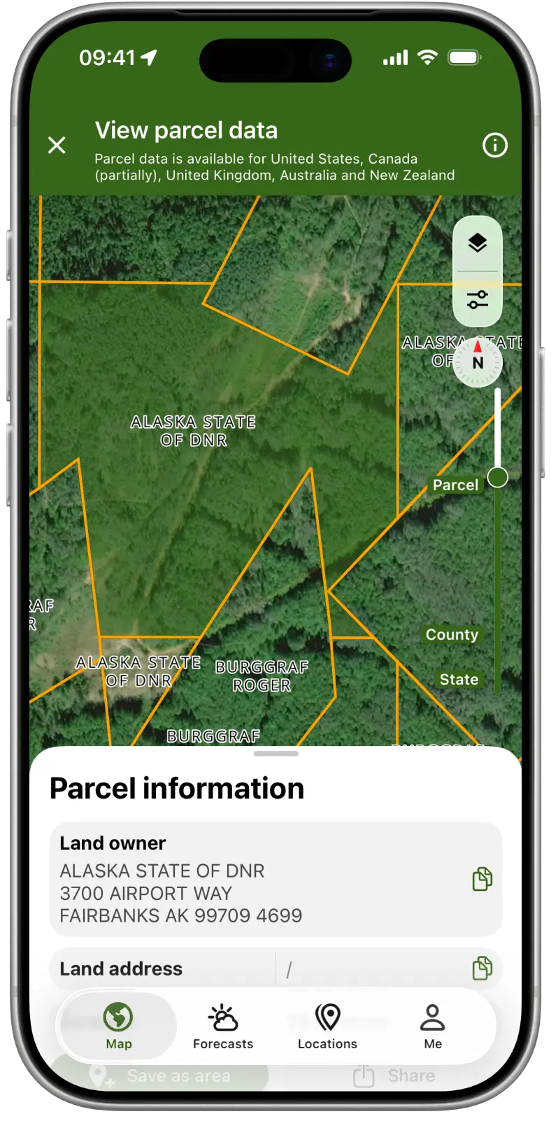 Parcel information with the landowner, address and acreage