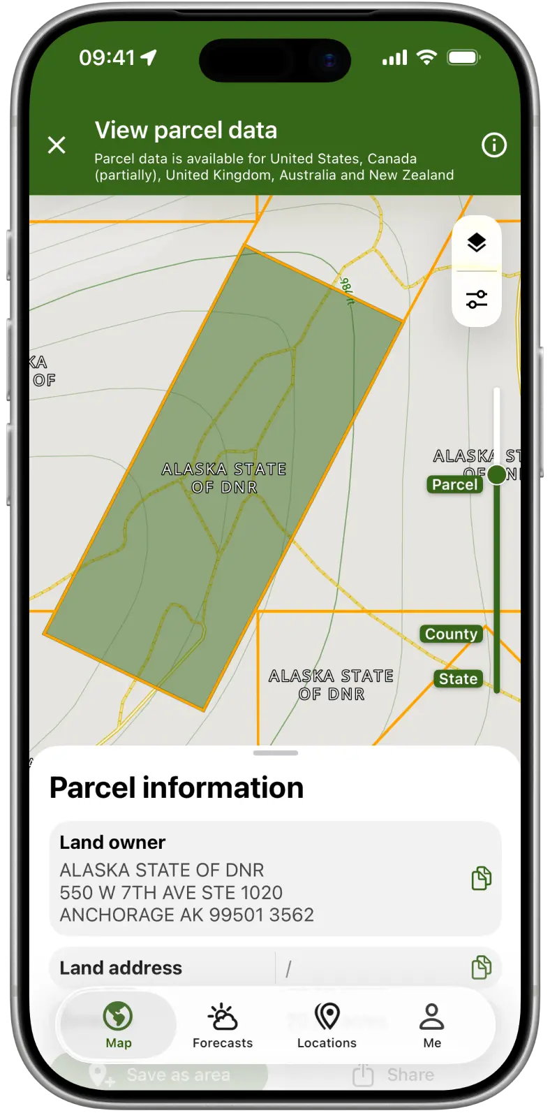 Parcel map with landowner names, and the owner details of the selected parcel