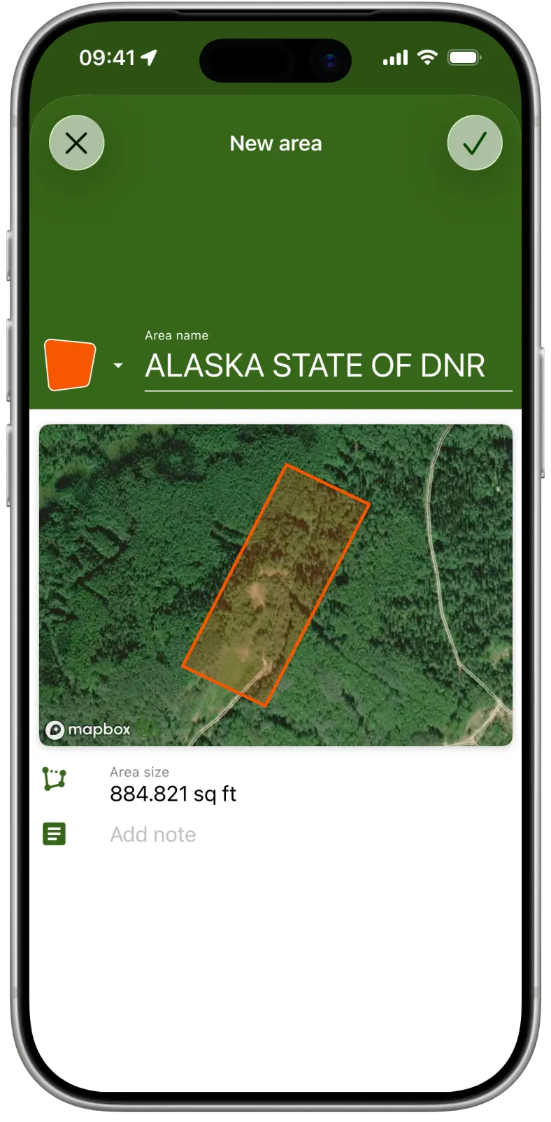 A parcel saved as a new hunting area, with its outline and size