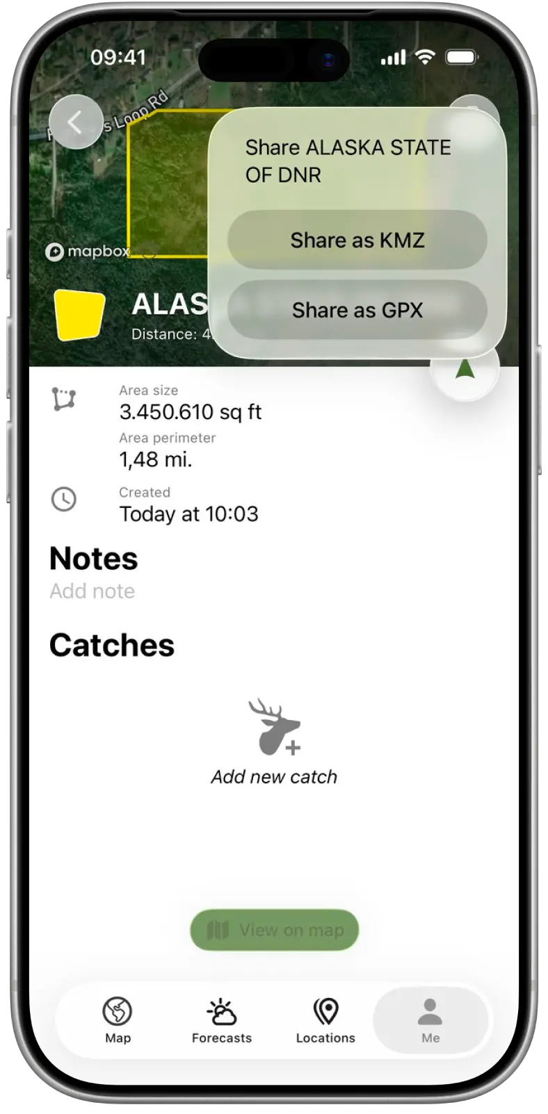 Share menu for a saved parcel, with KMZ and GPX options