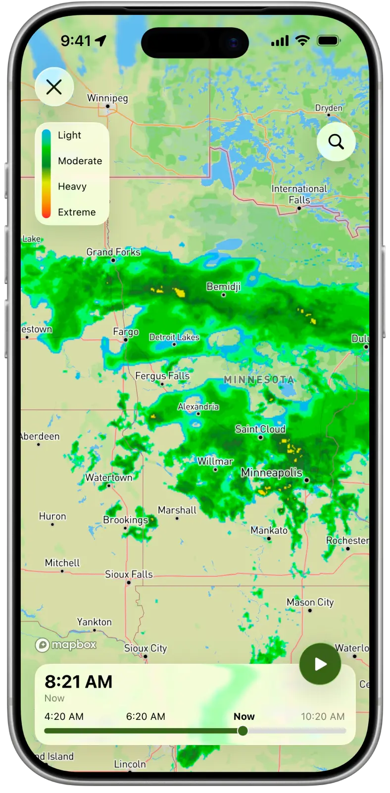 Regenradar auf der Karte mit Intensitätslegende und Radar-Zeitleiste