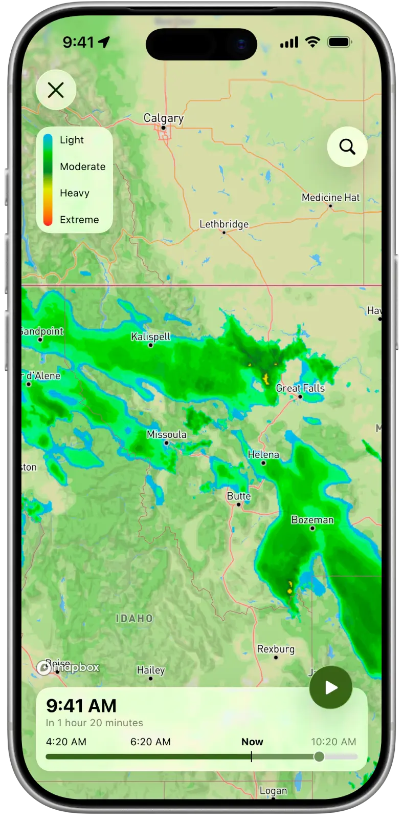 Radar de lluvia con la línea de tiempo del pasado al futuro y la leyenda de intensidad de la lluvia