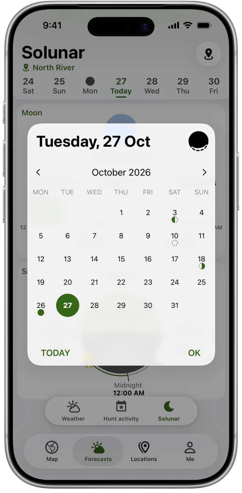 Monthly calendar with the new moon, full moon and quarter moons marked
