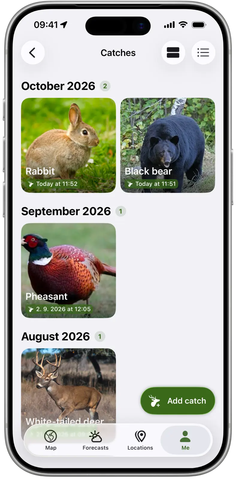Carnet de chasse trié par mois, avec une photo de chaque prise