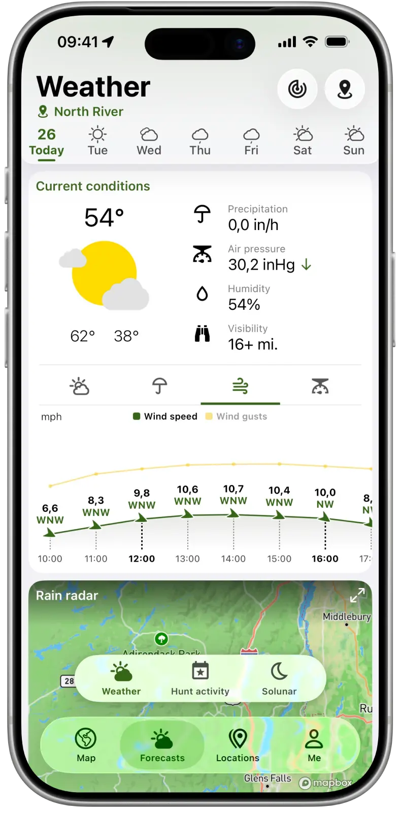 Previsión del tiempo en Hunting Points con las condiciones actuales y la velocidad y dirección del viento por horas